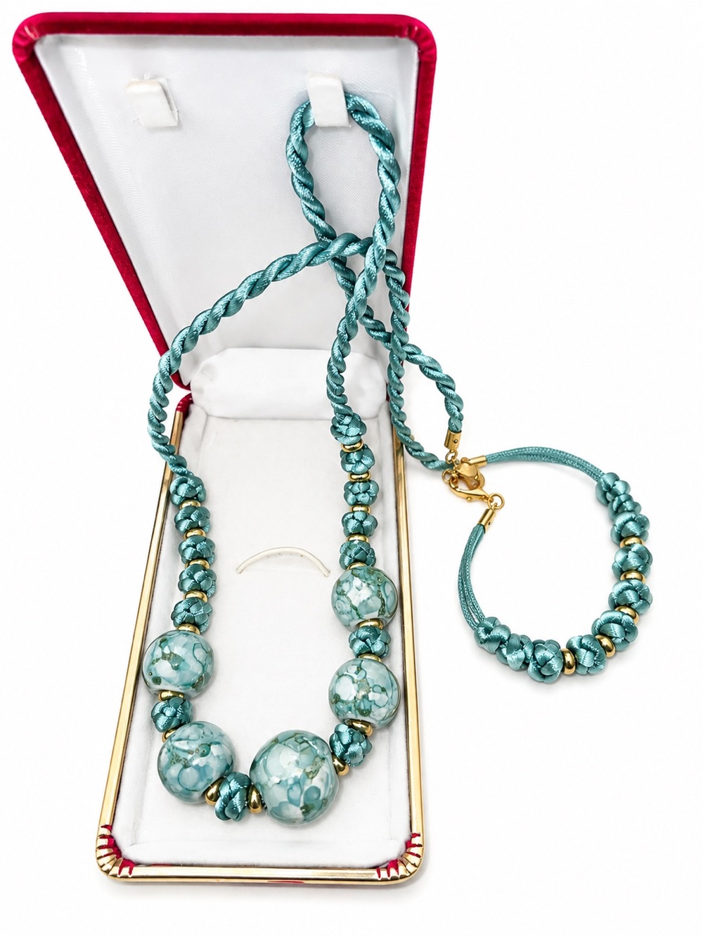 Vintage Teal Braided Cord Necklace & Bracelet Set Marbled Beads